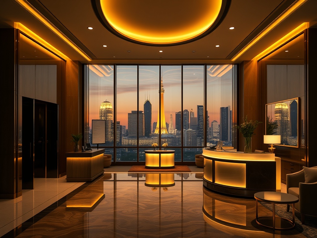"luxury casino hotel entrance" "golden ambient lighting" "elegant skyline view" "stylish concierge desk" "velvet lounge atmosphere" "mobile header composition"