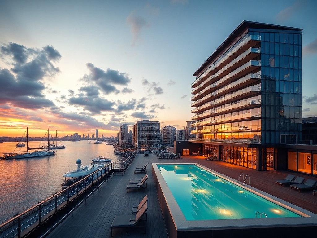 Rotterdam waterfront casino hotel at sunset, modern glass architecture, elegant suite balcony glow, rooftop heated pool, subtle gaming lights.