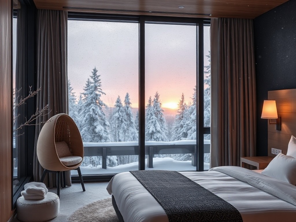 "Nordic luxury hotel hero scene in Finland, snowy pine silhouettes, warm interior light, elegant suite window view, soft snowfall, subtle casino ambiance, sauna glow, calm premium atmosphere"