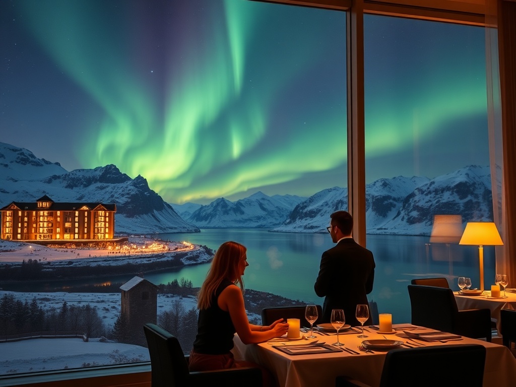 Panoramic fjord hotel at night, Northern Lights over snow peaks, elegant couple near window suite, warm spa steam, subtle casino glow, refined dining table, no people holding cards.