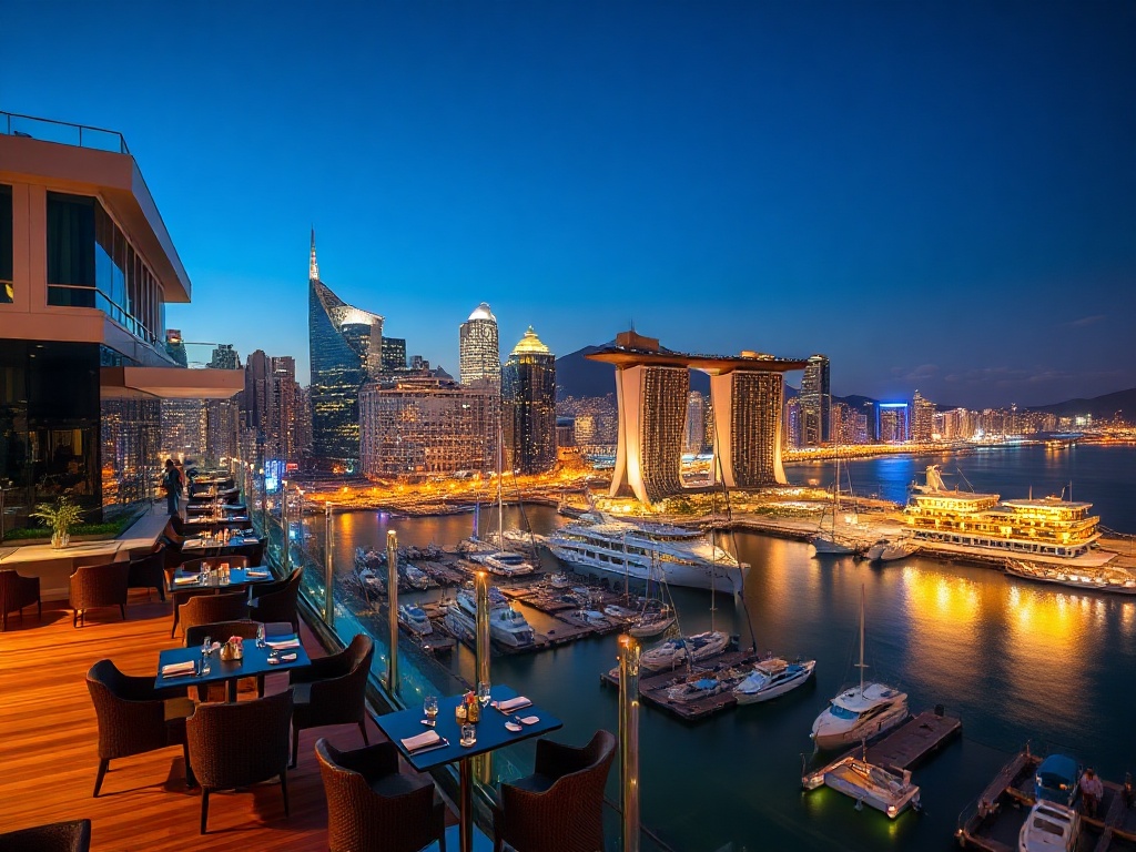 “oceanfront luxury casino at night” “modern city skyline” “glowing harbour lights” “suite balcony with harbour view” “elegant rooftop dining” “stylish nightlife ambiance”