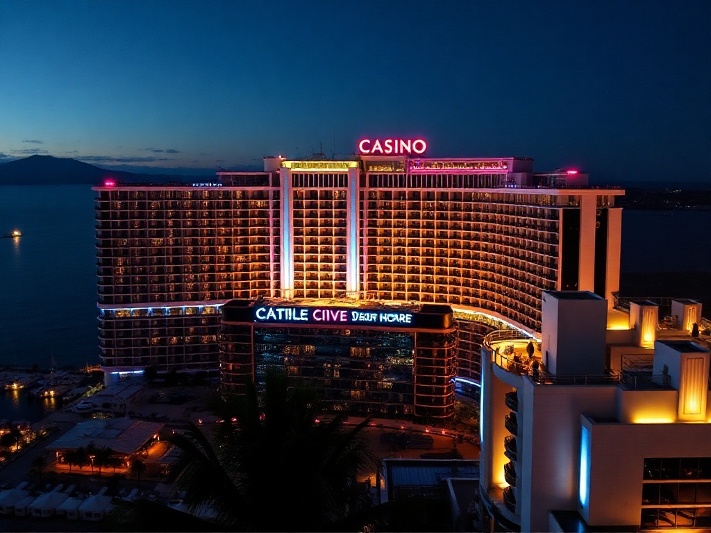 Oceanfront luxury casino hotel at night, rooftop dining lights, sleek suites with harbor view, elegant gaming lounge glow, serene spa steam, silhouettes.