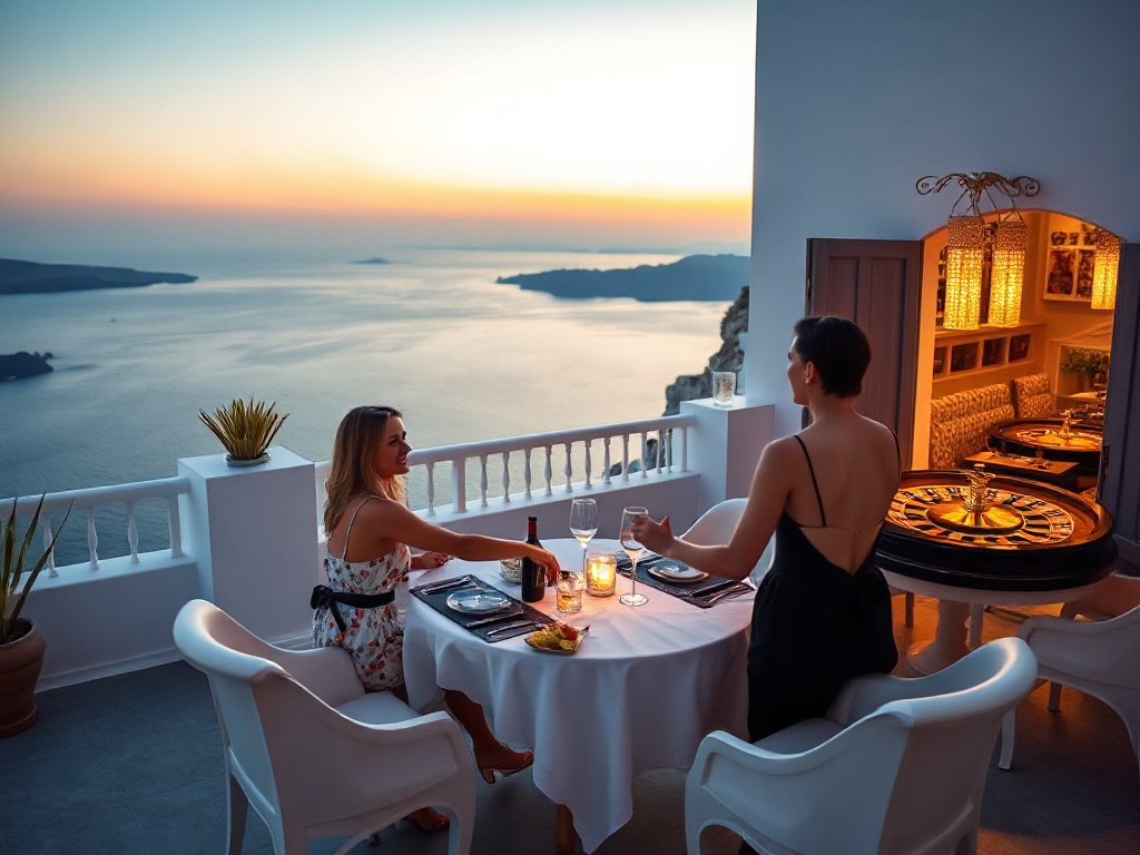 "white Santorini-style suite balcony with blue sea horizon" "golden-hour sunset dining table" "elegant casino glow with roulette-lit ambience" "luxury ambiance" "couple silhouettes"