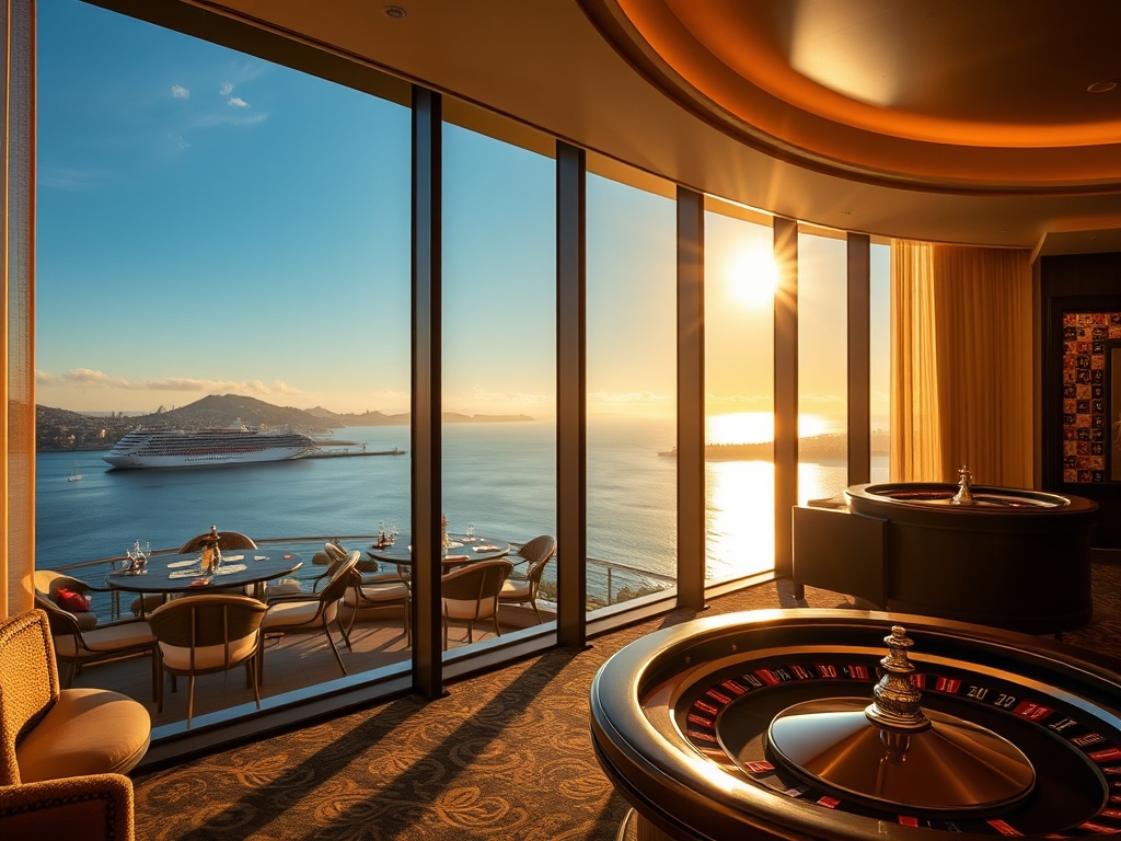 “sunlit harbor-view luxury suite overlooking Australian coastline,” “elegant casino gaming lounge with roulette tables,” “soft spa ambience,” “golden evening lighting,” “premium glamour.”