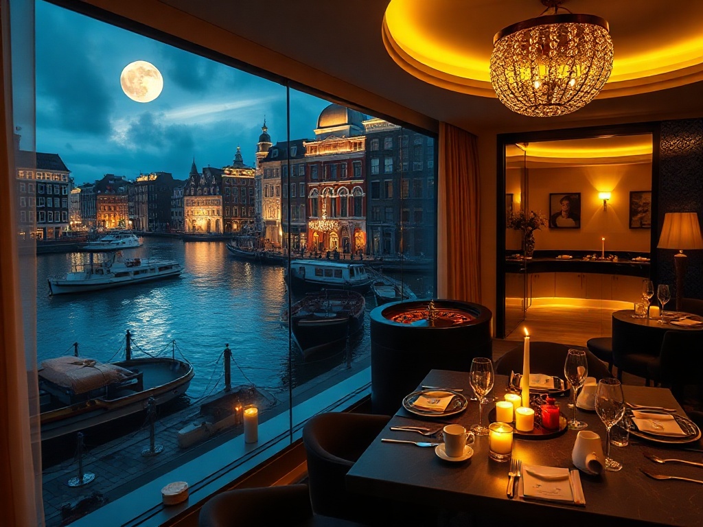 “moonlit Amsterdam canal beside a luxury hotel suite window,” “gold-lit casino lounge with roulette tables,” “serene spa steam room,” “elegant candlelit fine-dining table” “contemporary Dutch design, cinematic luxury atmosphere.”
