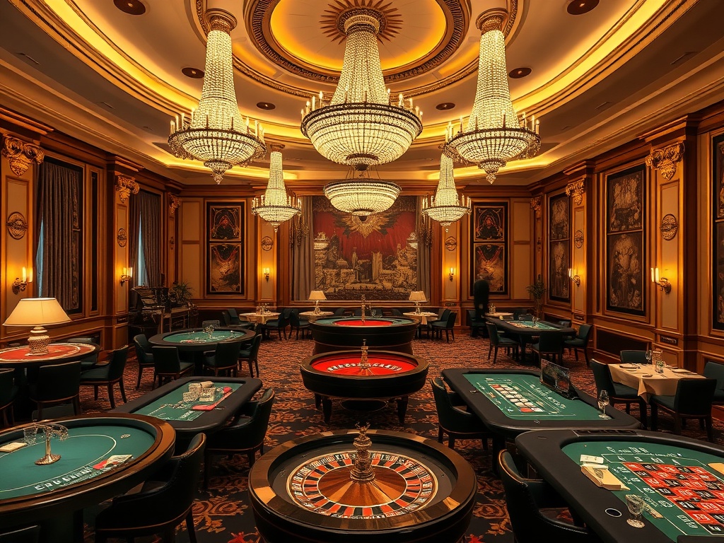 A grand luxury casino-hotel scene in Warsaw style, “royal” chandeliers, “elegant suites” with soft light, “gaming lounge” roulette tables, “spa” glow, fine dining ambiance.