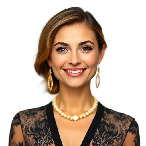 A person smiling to the camera in elegant Warsaw-inspired attire, subtle spa-casino glow bokeh, white background.