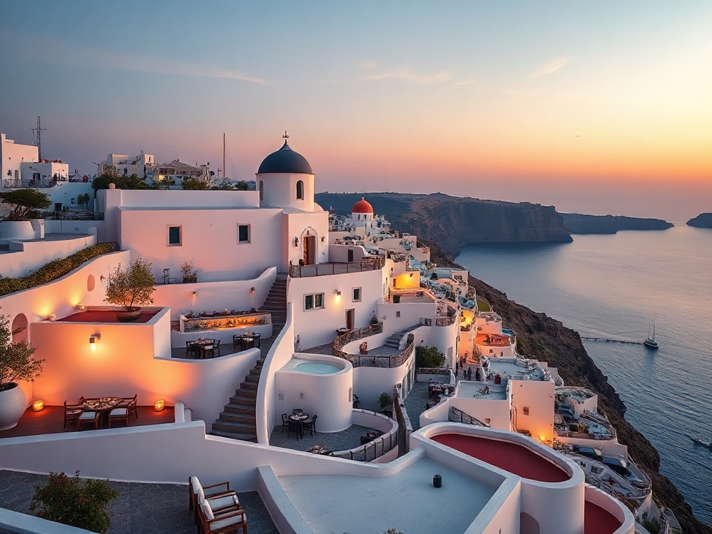 Sunlit Santorini cliff hotel; “whitewashed” suites with “private sea-view balconies”; sleek casino lounge glow; “spa steam” and sunset dining by the coast.
