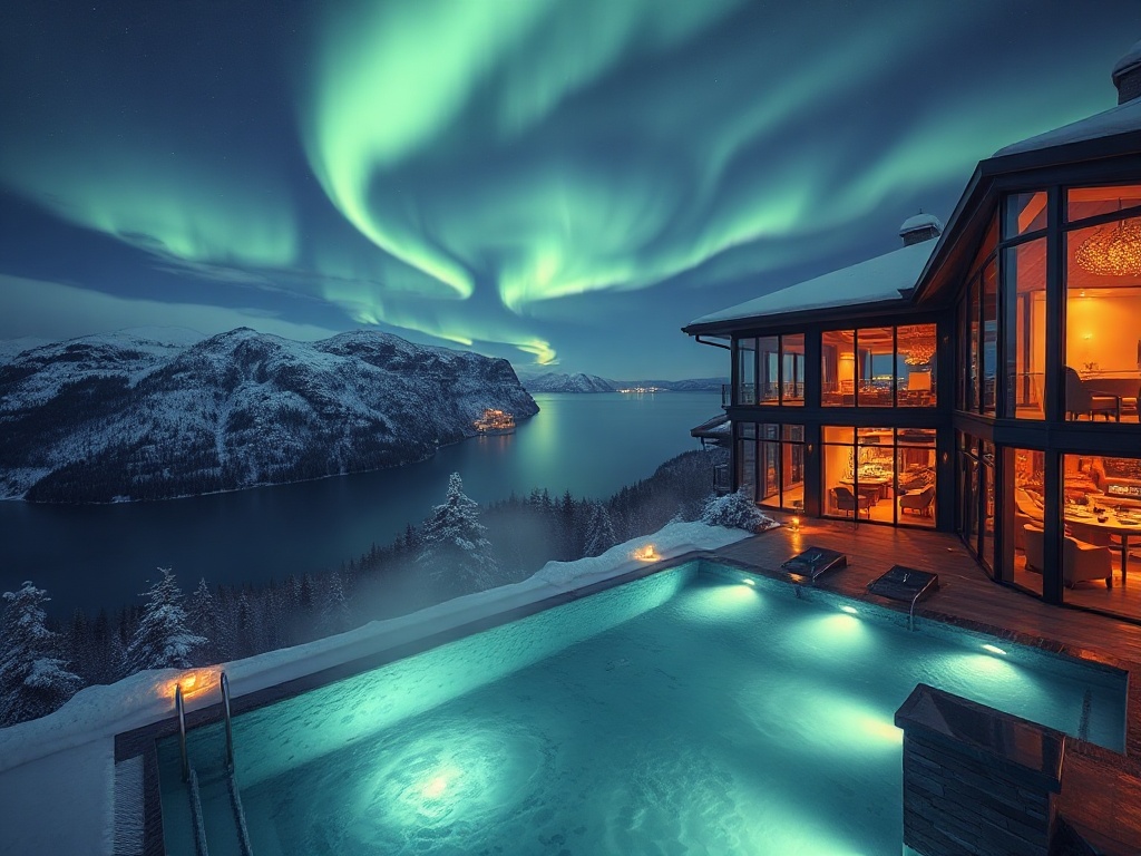 Panoramic Norway luxury casino resort overlooking snowy fjords at night, elegant suite windows, warm gaming lounge glow, serene Nordic spa steam, heated pool reflections, Northern Lights.