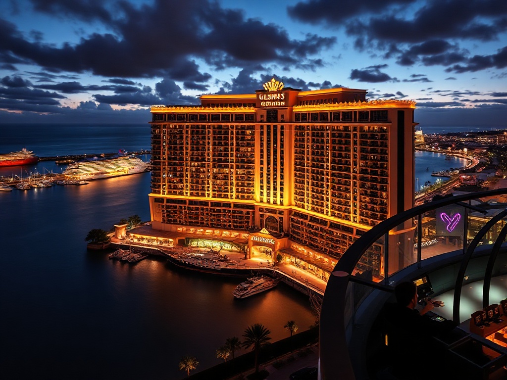 Oceanfront luxury casino hotel at night, rooftop dining lights, sleek suites with harbor view, elegant gaming lounge glow, serene spa steam, silhouettes.