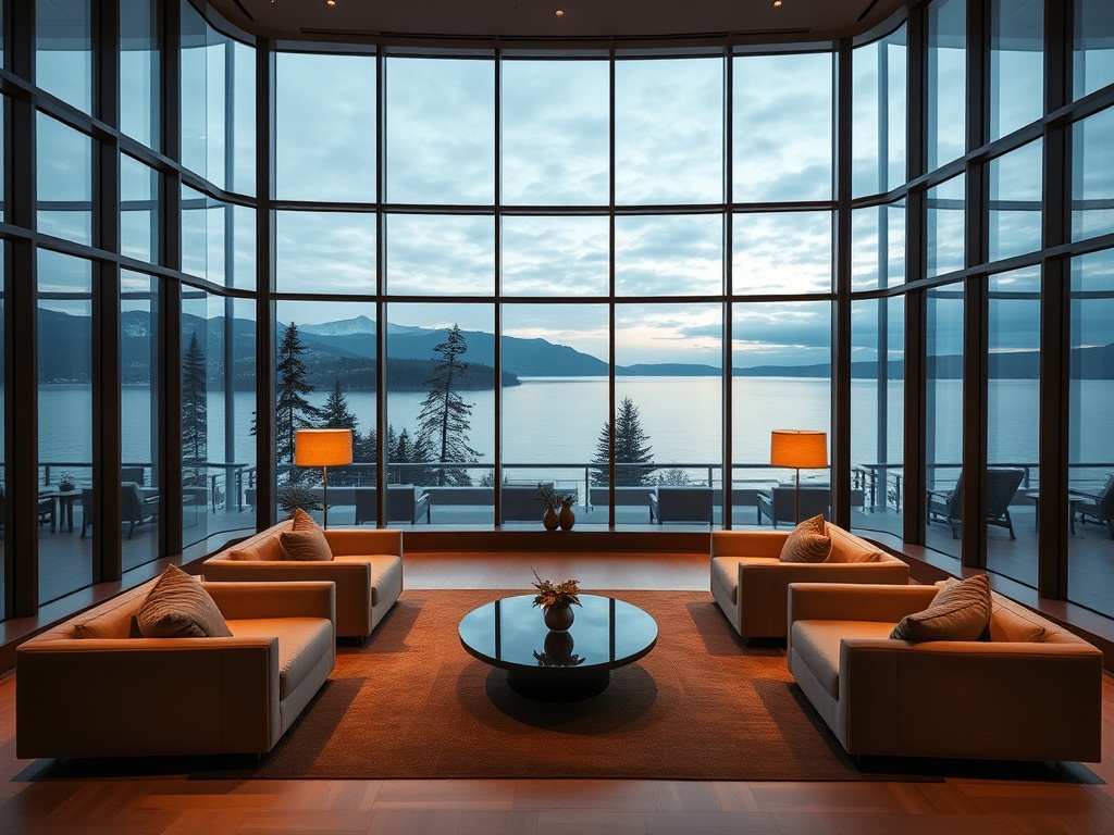 "Warm modern lobby with Canadian lake view through floor-to-ceiling windows, plush seating, soft lighting, subtle luxury spa ambiance, panoramic comfort, inviting atmosphere"