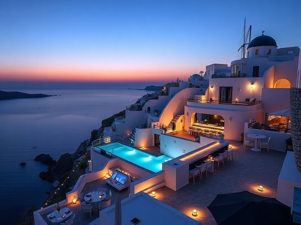 A Santorini cliffside luxury casino hotel at blue hour, “whitewashed suites” with “sea-view balconies”, “elegant gaming lounge”, “spa glow”, “sunset dining tables”, “nightlife lights”