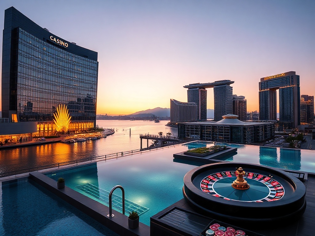 "sleek modern casino hotel facade" "golden waterfront at dusk" "glowing poker chips and roulette table silhouettes" "heated rooftop pool with skyline reflections" "luxury concierge vibe"