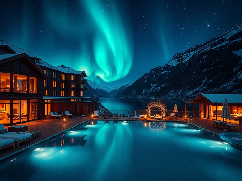 "Luxury Norwegian fjord hotel at night, Northern Lights overhead, floor-to-ceiling suite windows, private terrace with warm lights, elegant casino lounge glow, Nordic spa steam, heated pool reflections" You MUST not include ANY brand images or logos. You 