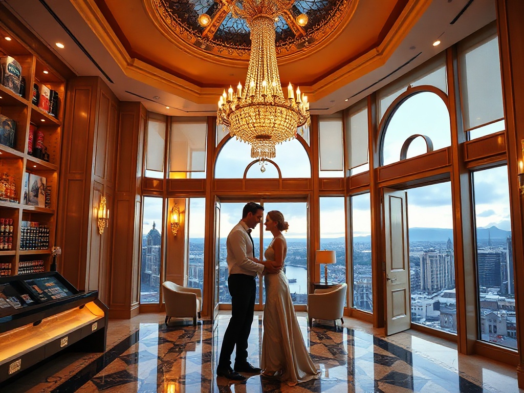 Luxurious casino hotel lobby with chandelier glow, regal architecture, elegant couple in silk attire, panoramic old-town skyline, warm cocktails, inviting doorway.