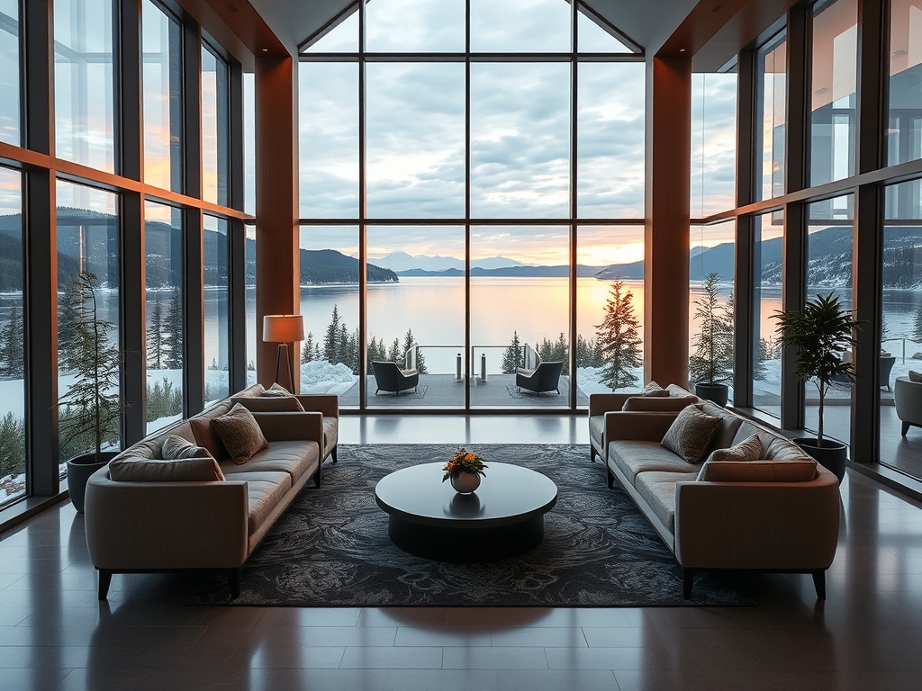"Warm modern lobby with Canadian lake view through floor-to-ceiling windows, plush seating, soft lighting, subtle luxury spa ambiance, panoramic comfort, inviting atmosphere"