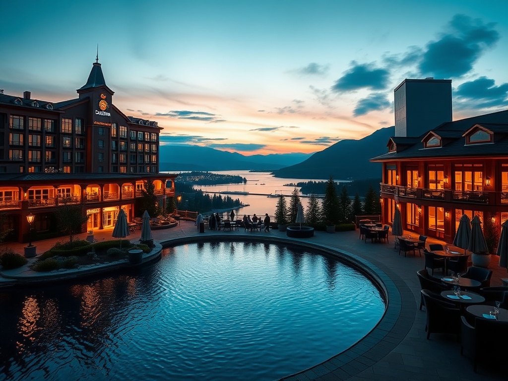 "Luxe Canadian casino hotel at dusk" "lakefront terrace with warm lights" "spa steam and massage room glow" "elegant gaming lounge" "mountain silhouettes"