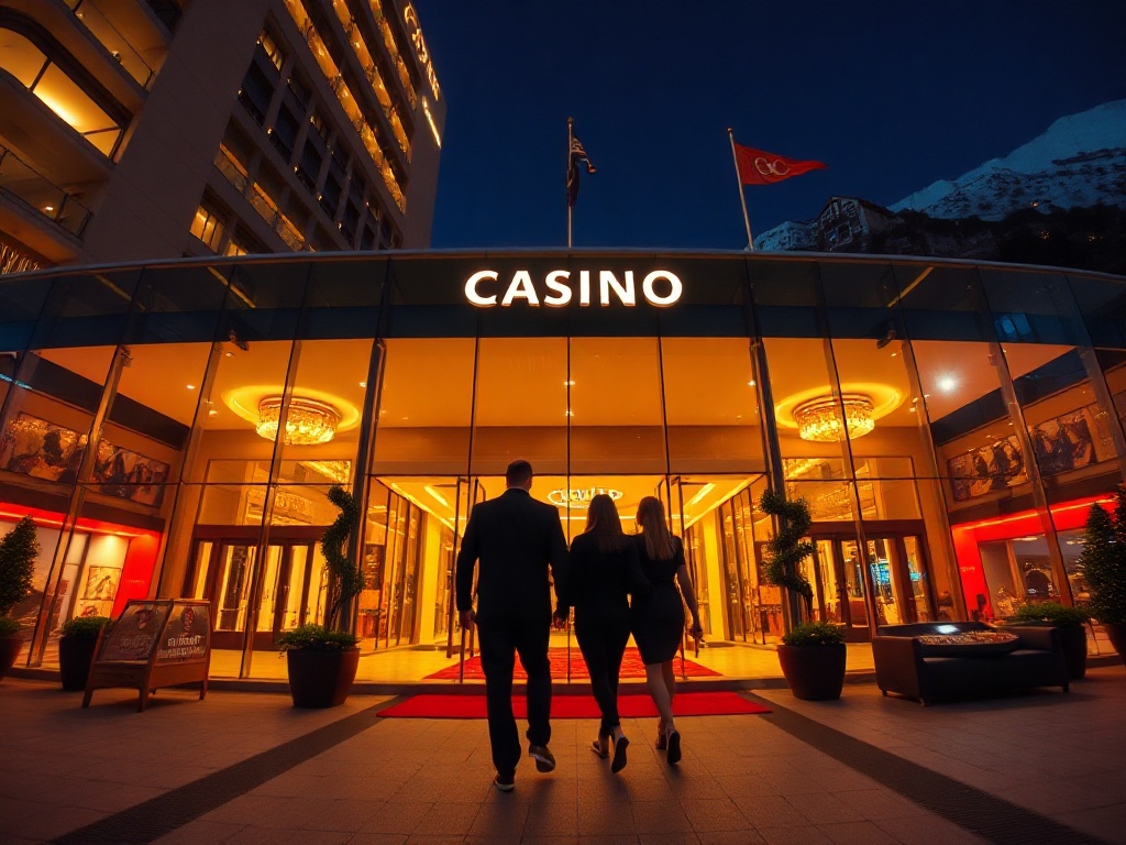 "A panoramic luxury casino hotel entrance with modern glass facade, warm lights, a stylish couple walking toward roulette glow, dramatic Tatra mountains behind, night skyline reflections, inviting mood"