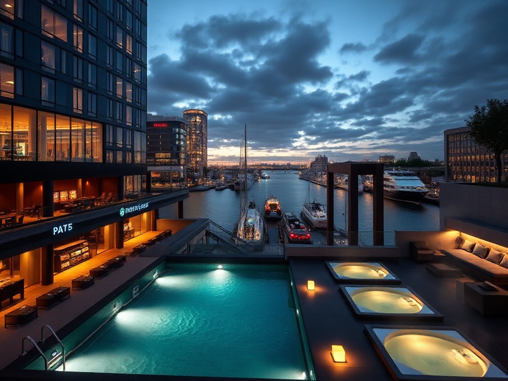 Rotterdam waterfront casino hotel at dusk, modern glass façade, sleek suites with floor-to-ceiling harbor views, warm gaming glow, rooftop heated pool, spa steam.
