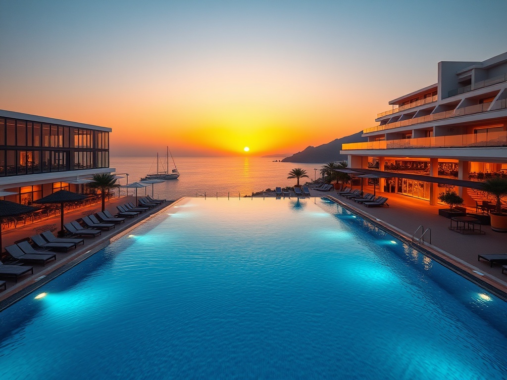 "Aegean luxury casino resort facade at sunset, infinity pool spills into blue sea, glass-walled suites, premium gaming lounge glow, mediterranean dining al fresco, spa terrace, island nightlife silhouettes."