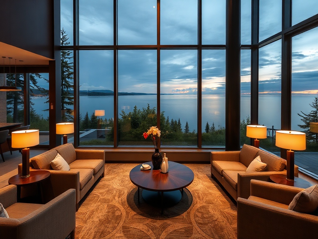 "Warm modern lobby with Canadian lake view through floor-to-ceiling windows, plush seating, soft lighting, subtle luxury spa ambiance, panoramic comfort, inviting atmosphere"