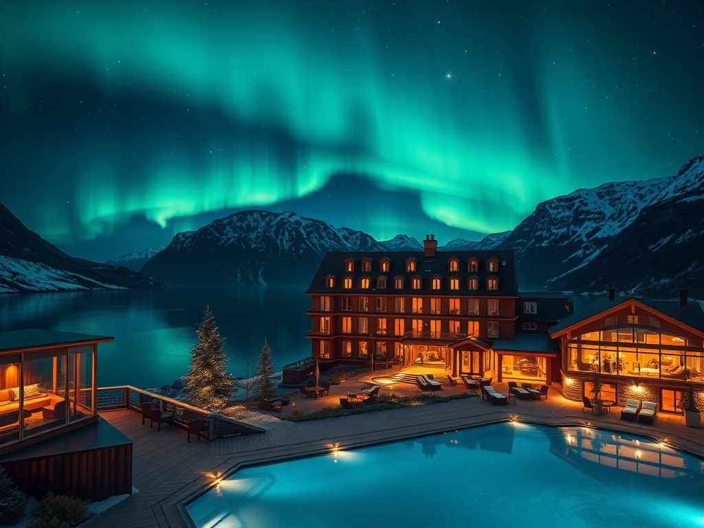 "Luxury Norwegian fjord hotel at night, Northern Lights overhead, floor-to-ceiling suite windows, private terrace with warm lights, elegant casino lounge glow, Nordic spa steam, heated pool reflections" You MUST not include ANY brand images or logos. You 