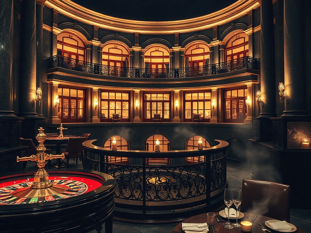 Nighttime luxury Warsaw-inspired palace hotel; glowing marble suites balcony; elegant casino lounge with roulette tables; serene spa steam; fine dining.
