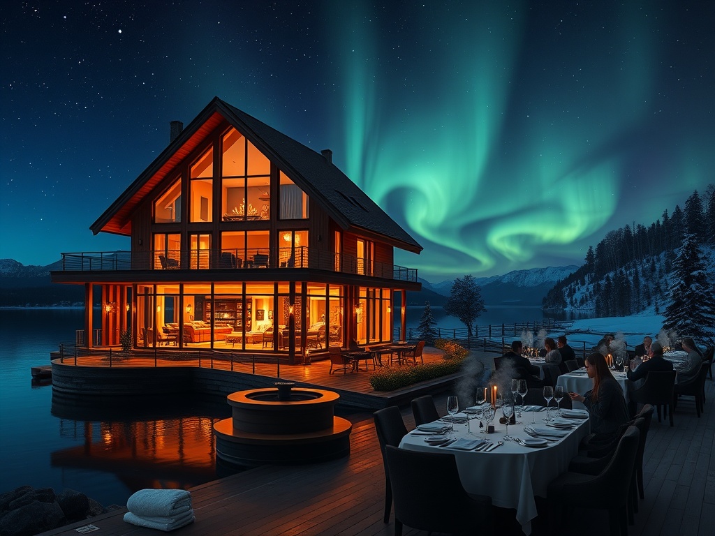 "Lakeside luxury hotel at night, warm wooden Scandinavian suite with panoramic glass, aurora glow, elegant casino lounge with roulette tables, Nordic spa sauna steam, refined dining ambiance, no people."