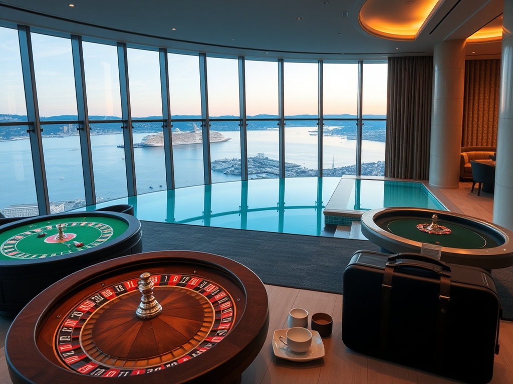 Sleek Scandinavian casino hotel interior, floor-to-ceiling windows over Oslo harbor, velvet gaming tables with soft roulette glow, gourmet dining plates, calm spa infinity pool, matcha travel case beside ceramic tea set.