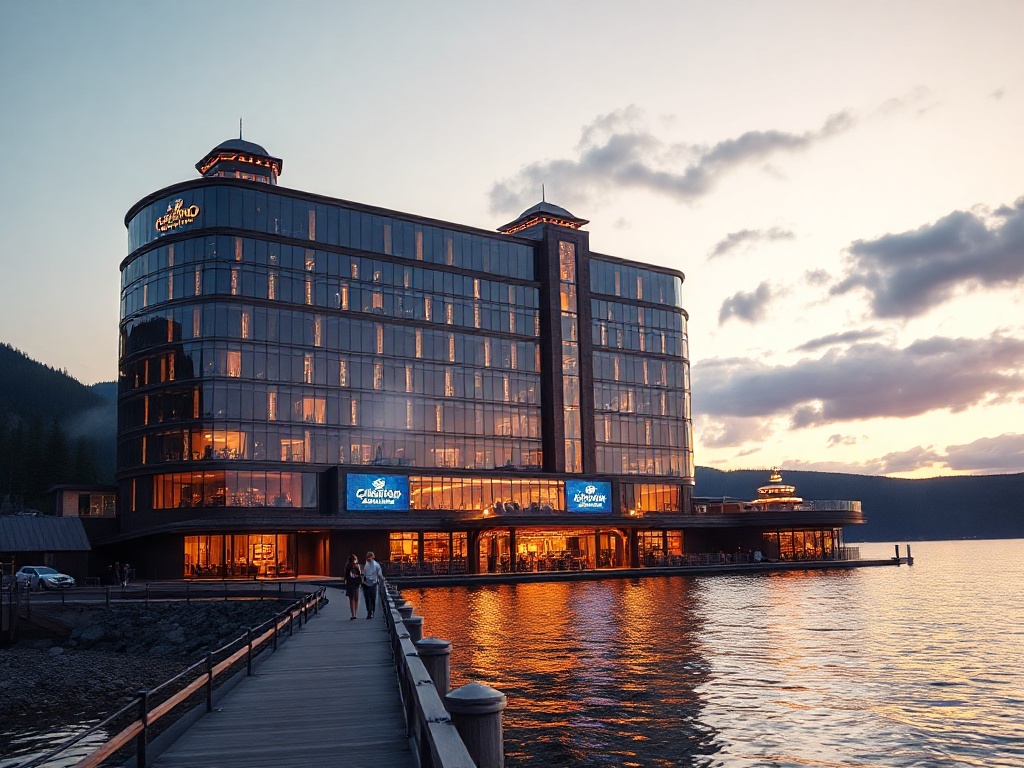 "Luxury Canadian lakefront casino hotel at dusk, glowing glass facade, romantic couple walking by water, elegant lounge interiors, distant roulette lights, spa steam, fine dining table, live music stage, starry sky"