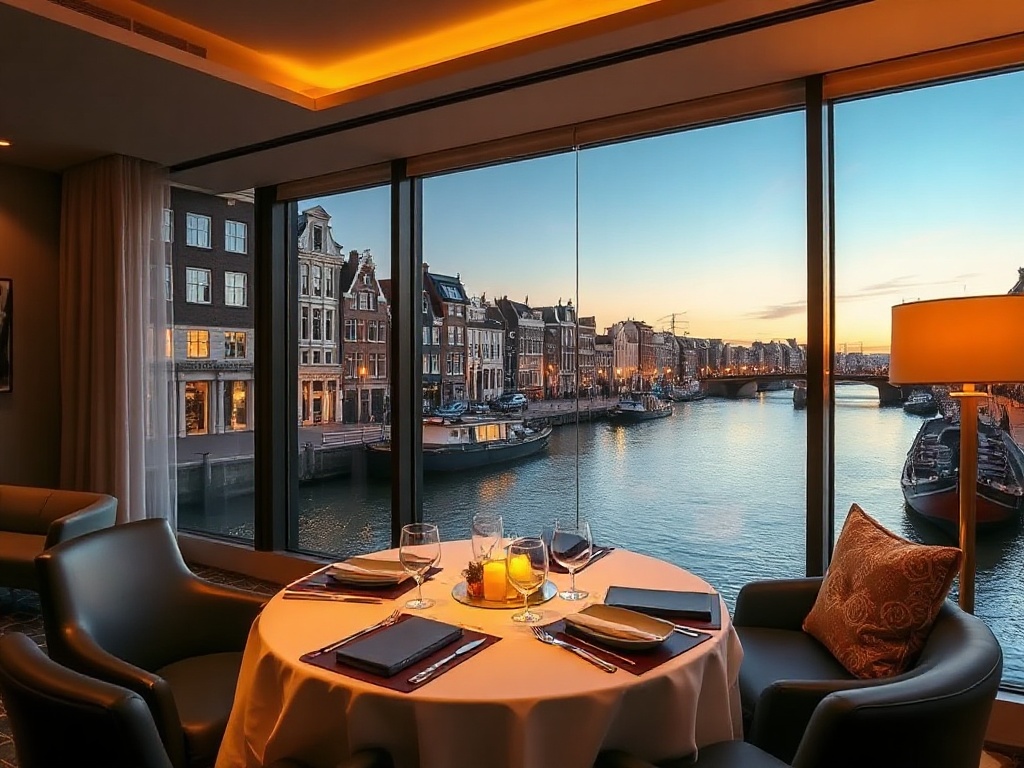 Amsterdam luxury casino hotel scene, “canal-view suite” at dusk, “golden casino lounge” glow, “elegant dining” table, “serene spa steam,” refined Dutch design.
