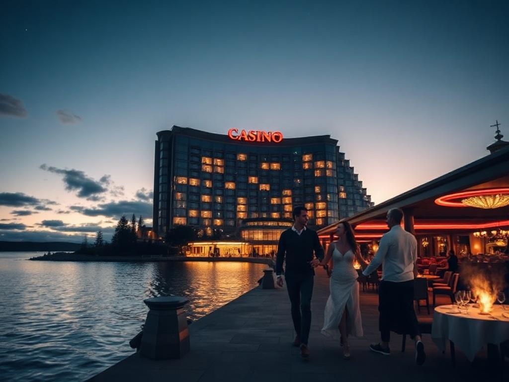 "Luxury Canadian lakefront casino hotel at dusk, glowing glass facade, romantic couple walking by water, elegant lounge interiors, distant roulette lights, spa steam, fine dining table, live music stage, starry sky"
