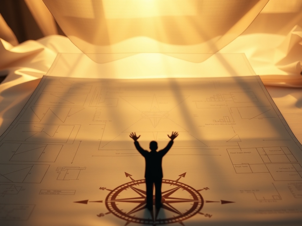 A serene workspace with layered translucent blueprint sheets, abstract compass lines, warm light, subtle human silhouette forming direction arrows, calm focus, no logos.