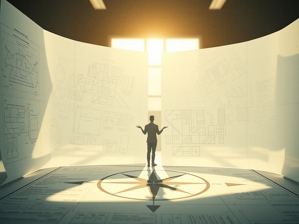 A serene workspace with layered translucent blueprint sheets, abstract compass lines, warm light, subtle human silhouette forming direction arrows, calm focus, no logos.