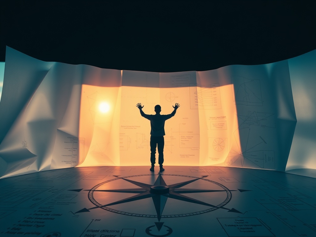 A serene workspace with layered translucent blueprint sheets, abstract compass lines, warm light, subtle human silhouette forming direction arrows, calm focus, no logos.