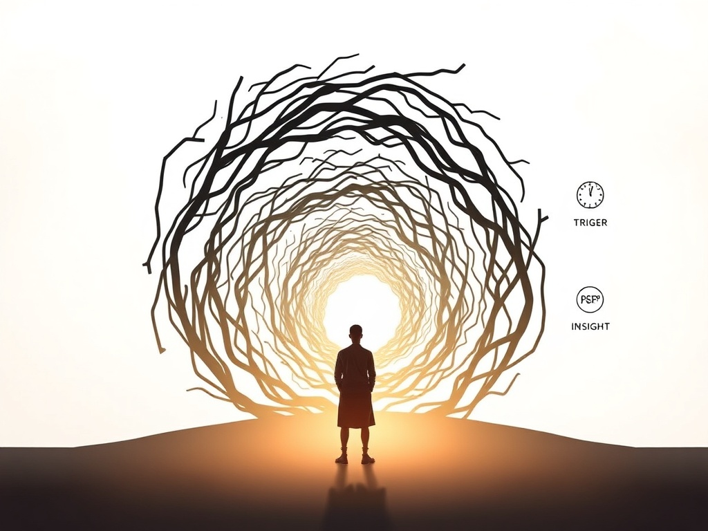 "A person in calming light stands before a four-step path breaking a tangled spiral of habits, with subtle icons of triggers, pause, insight, and choice, airy background."