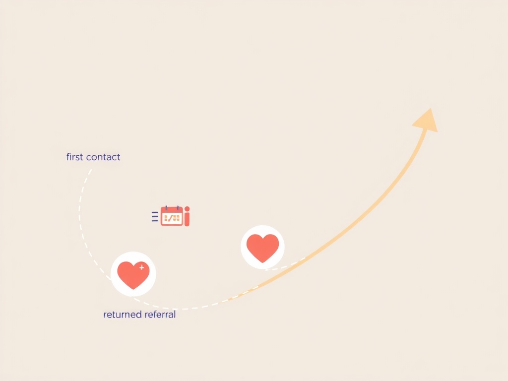 Soft modern illustration showing a winding customer journey path from “first contact” to “return and referral”, with connected icons like calendar, handshake, heart, and upward growth arrow, warm pastel colors, female entrepreneur vibe, clean back