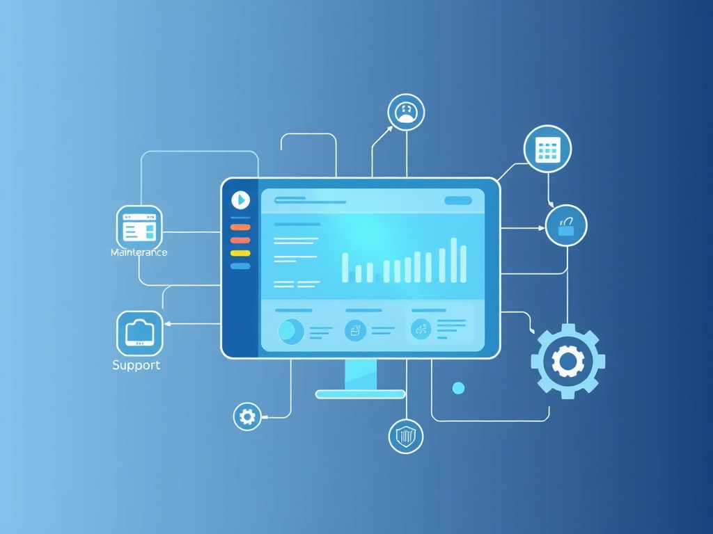 "Create a clean modern illustration of a website dashboard as a monthly subscription, with interconnected icons 'maintenance', 'updates', 'security', 'support', 'hosting' flowing into a glowing website panel, minimalist blue-gray palette, soft gradients, 