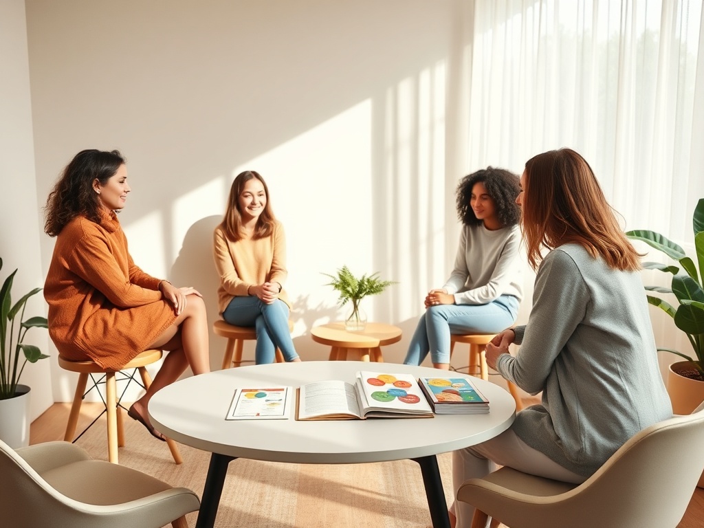 A warm cozy study room, three diverse women on stools, a calm advisor across table, open notebook and colorful lifestyle cards, soft natural light, reassuring atmosphere, subtle gut-health theme with flowing organic shapes.