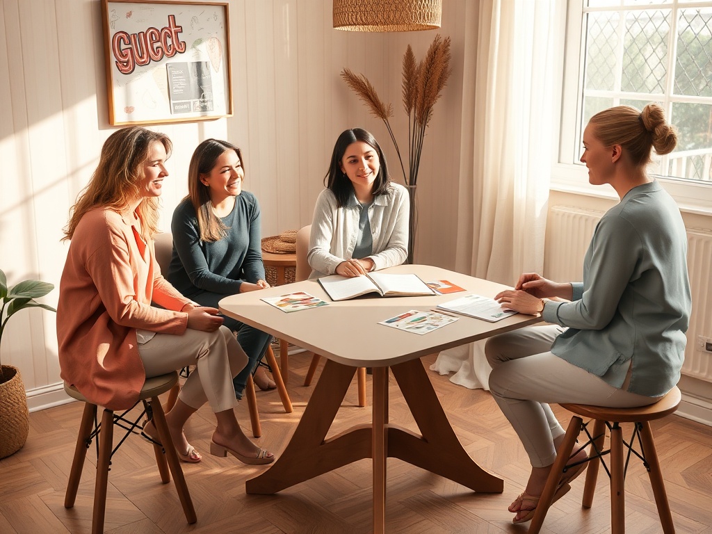 A warm cozy study room, three diverse women on stools, a calm advisor across table, open notebook and colorful lifestyle cards, soft natural light, reassuring atmosphere, subtle gut-health theme with flowing organic shapes.
