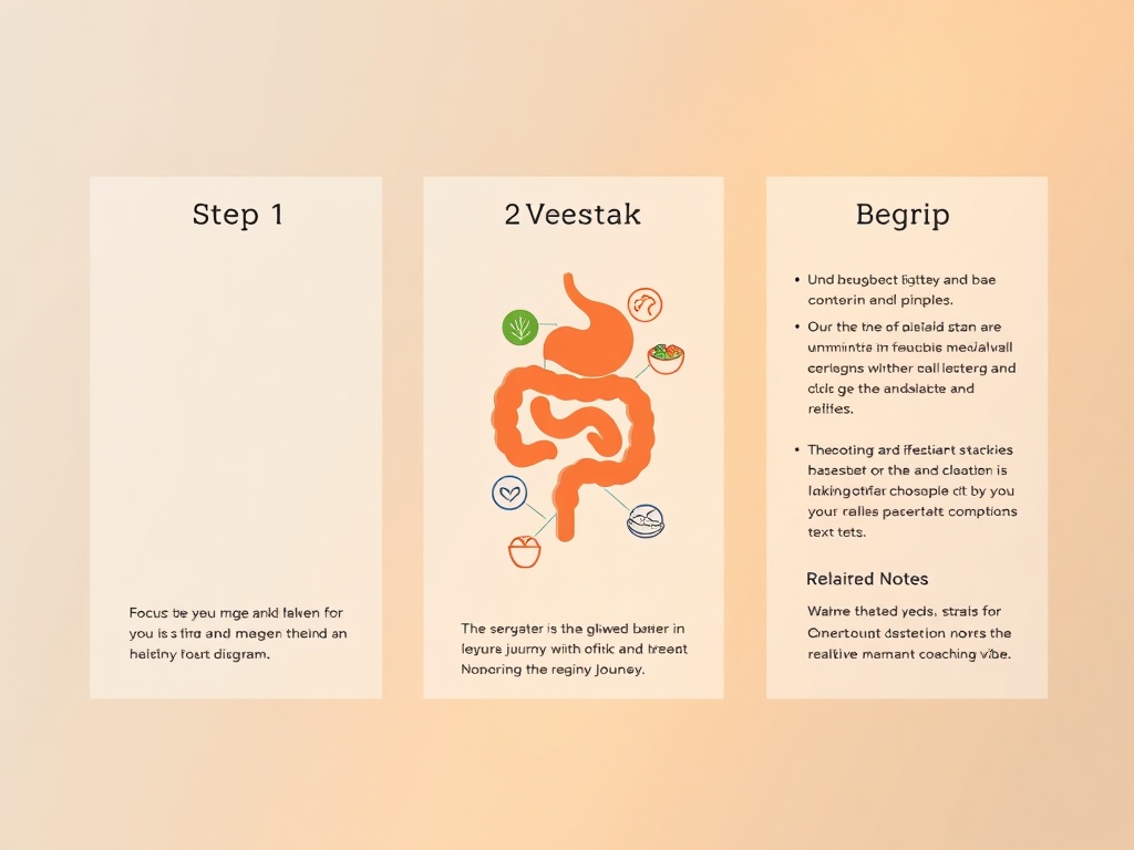 Three-panel visual journey showing 'Step 1 Focus' with serene gut diagram, 'Step 2 Versterk' with meal and lifestyle icons, 'Step 3 Begrip' with detailed feedback notes, warm calming lighting, realistic feminine coaching vibe"