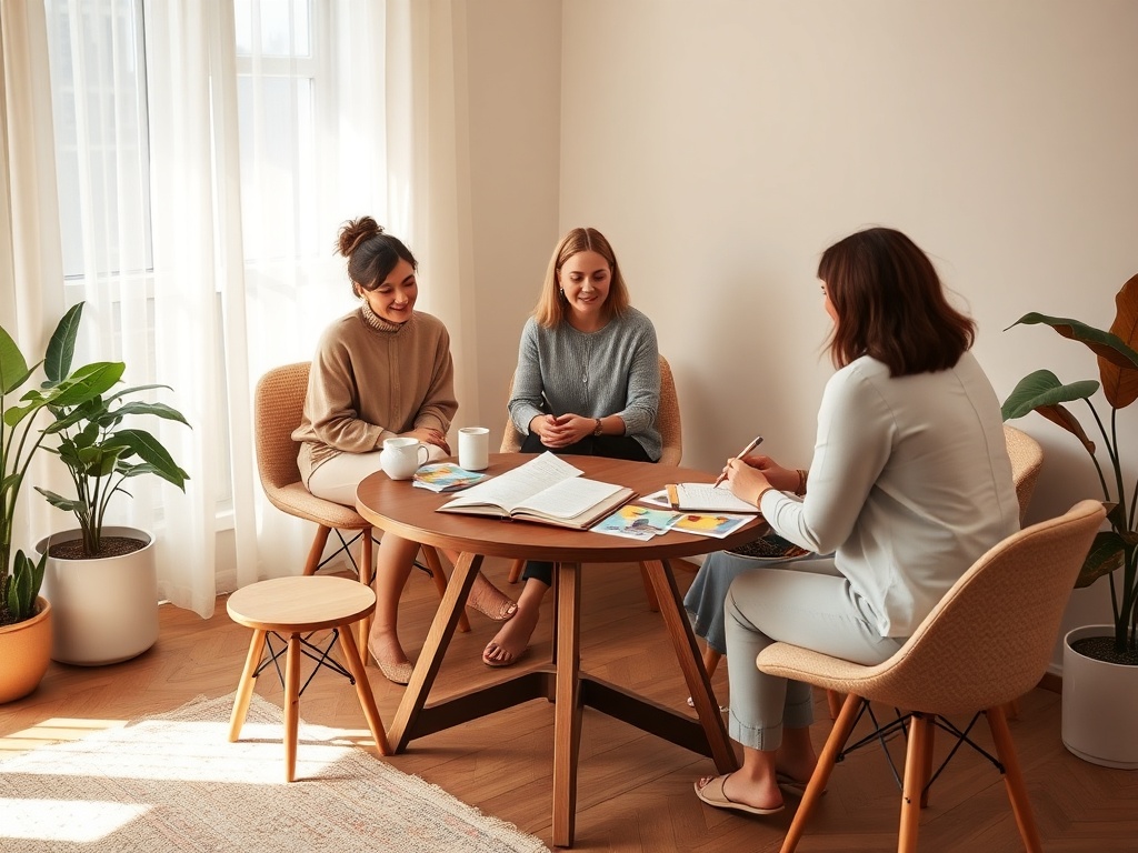 A warm cozy study room, three diverse women on stools, a calm advisor across table, open notebook and colorful lifestyle cards, soft natural light, reassuring atmosphere, subtle gut-health theme with flowing organic shapes.