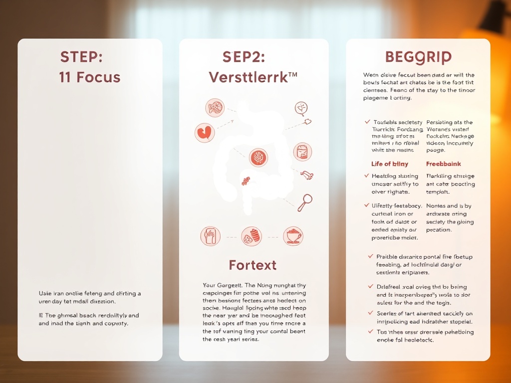 Three-panel visual journey showing 'Step 1 Focus' with serene gut diagram, 'Step 2 Versterk' with meal and lifestyle icons, 'Step 3 Begrip' with detailed feedback notes, warm calming lighting, realistic feminine coaching vibe"