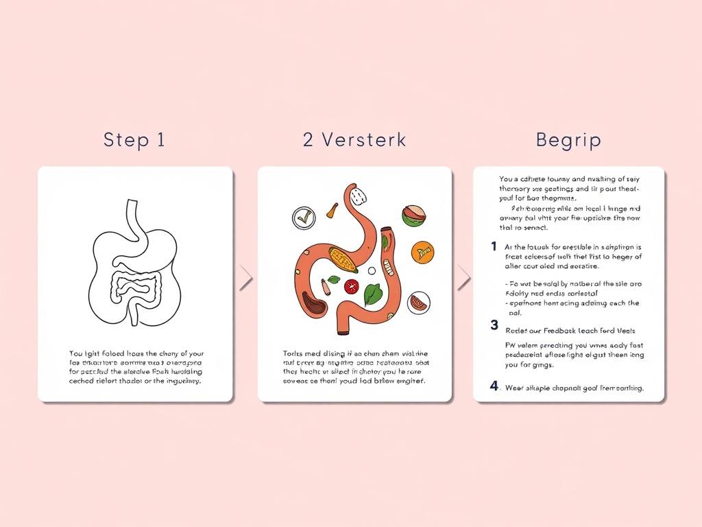 Three-panel visual journey showing 'Step 1 Focus' with serene gut diagram, 'Step 2 Versterk' with meal and lifestyle icons, 'Step 3 Begrip' with detailed feedback notes, warm calming lighting, realistic feminine coaching vibe"
