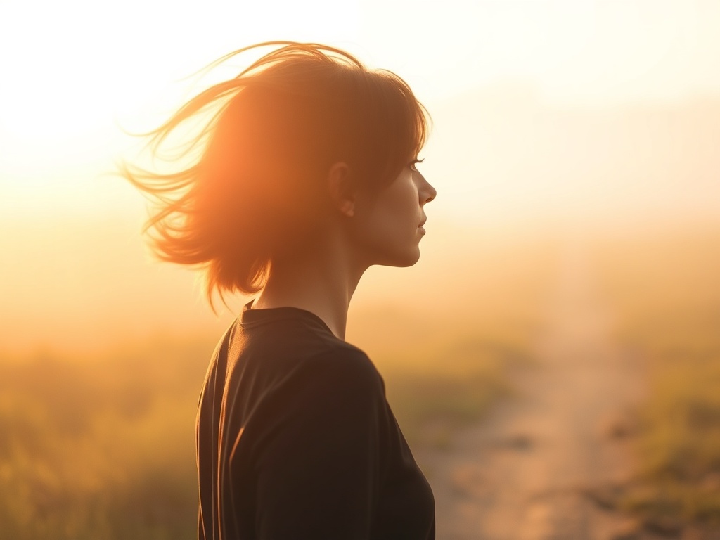 A calm person in soft morning light, head as swirling thoughts fading into warm heartbeat-like color, stepping onto a path toward gentle motion blur, airy atmosphere