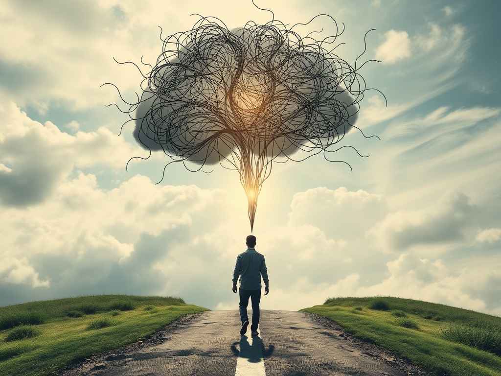 A person at a "crossroads"; head filled with "tangled thought-clouds" like strings; one path brightens as they "step forward" into calm motion.