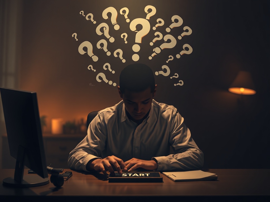 A person sits at a desk, head surrounded by swirling question-like thought bubbles, one hand hovering over a start button, atmosphere shifting from gray doubt to warm motion, cinematic lighting. "Perfect clarity" visuals replaced by branching paths.