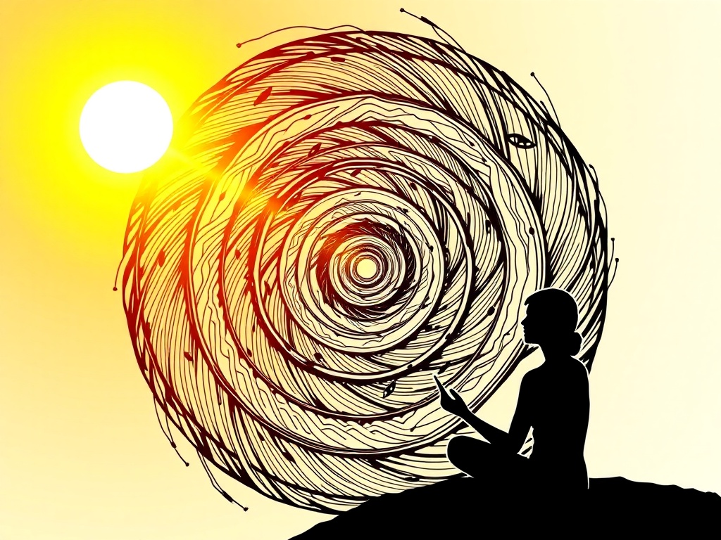 “Warm sunlit spiral mandala made of flowing ink-lines and subtle breath-waves” “three nested panels for day 1-3” “silhouette of seated reader” “soft blue vitality light” “calm reflective mood”