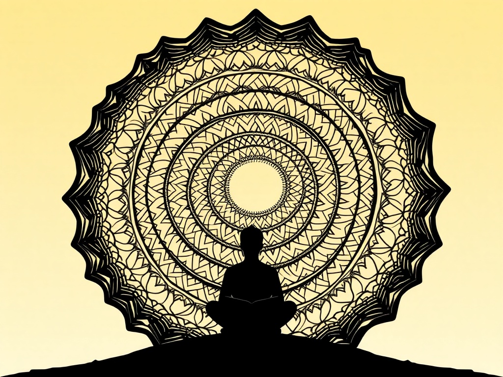 “Warm sunlit spiral mandala made of flowing ink-lines and subtle breath-waves” “three nested panels for day 1-3” “silhouette of seated reader” “soft blue vitality light” “calm reflective mood”