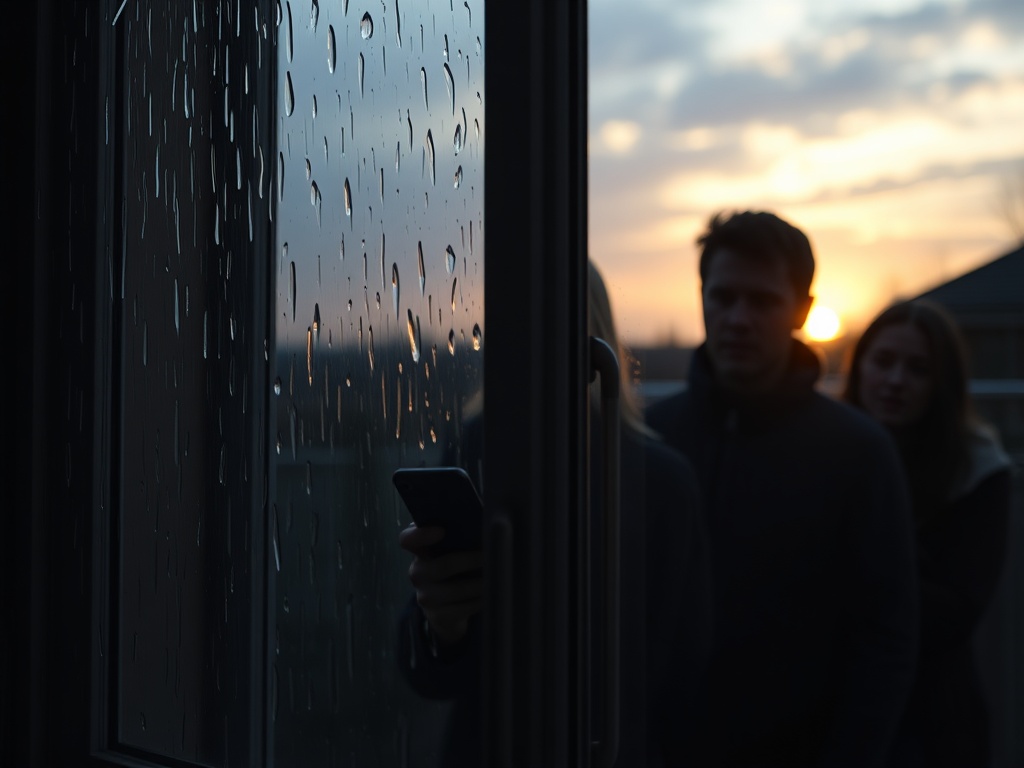 Stormy window with rain, a phone lighting worried hands, Emma in distress beside a calm Jack; warm dawn glow behind a family.
